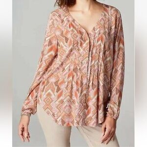 NWT J Jill Tribal Pintucked V-neck Button Down Blouse XL Pink Orange Brown